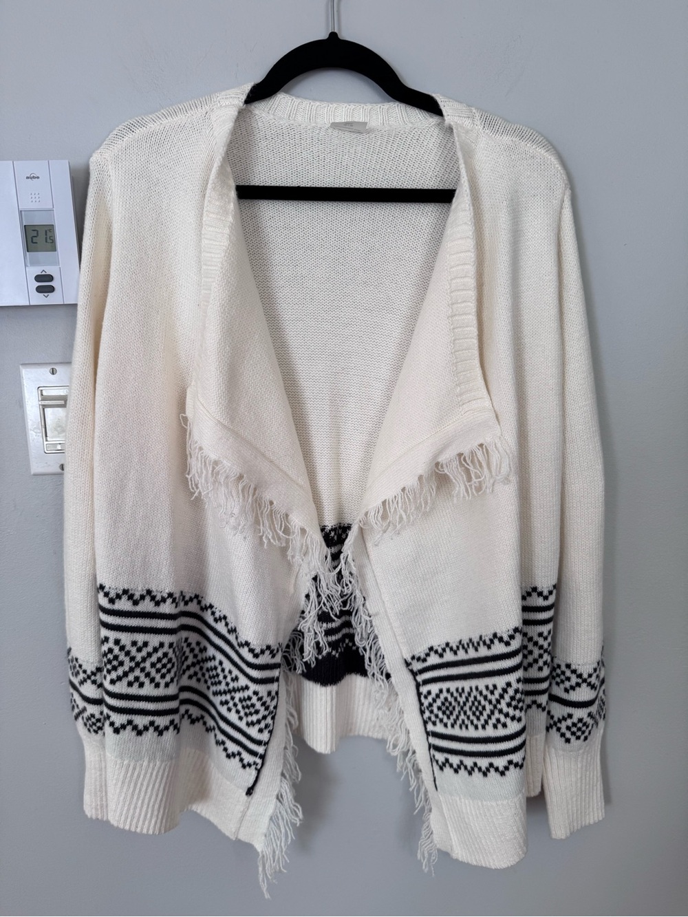 abercrombie kids Cream Fringe Open-Front Cardigan with Black Geometric Trim